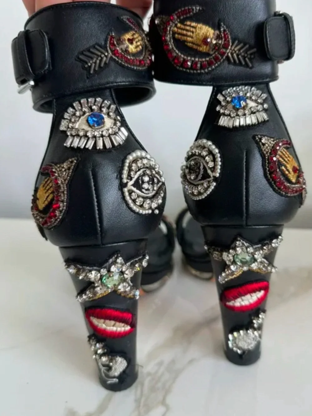 Alexander McQueen Leather Black Embellished Crystal & Embroidered Heel Sandals